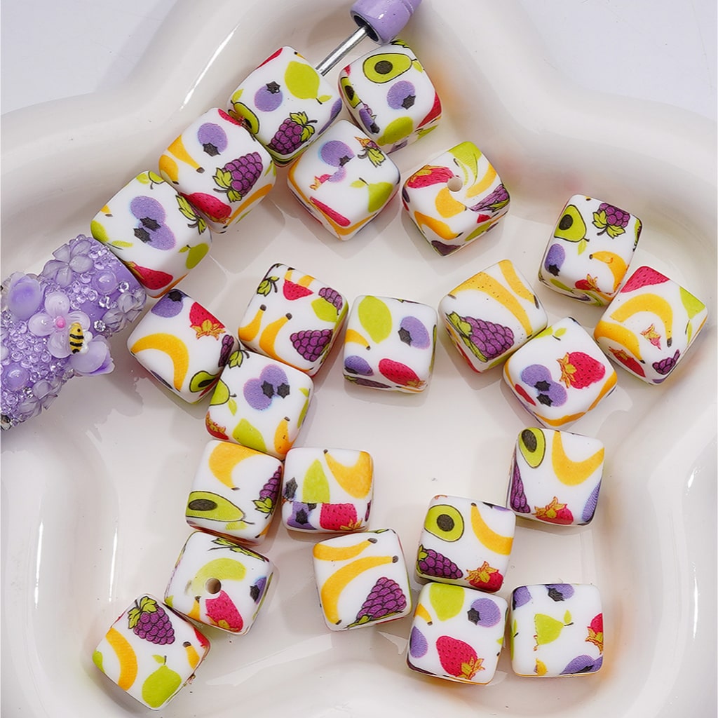 Vivid Fruits Banana Grape Starwbeery Avocado Printed Cube Square Silicone Beads, 14MM