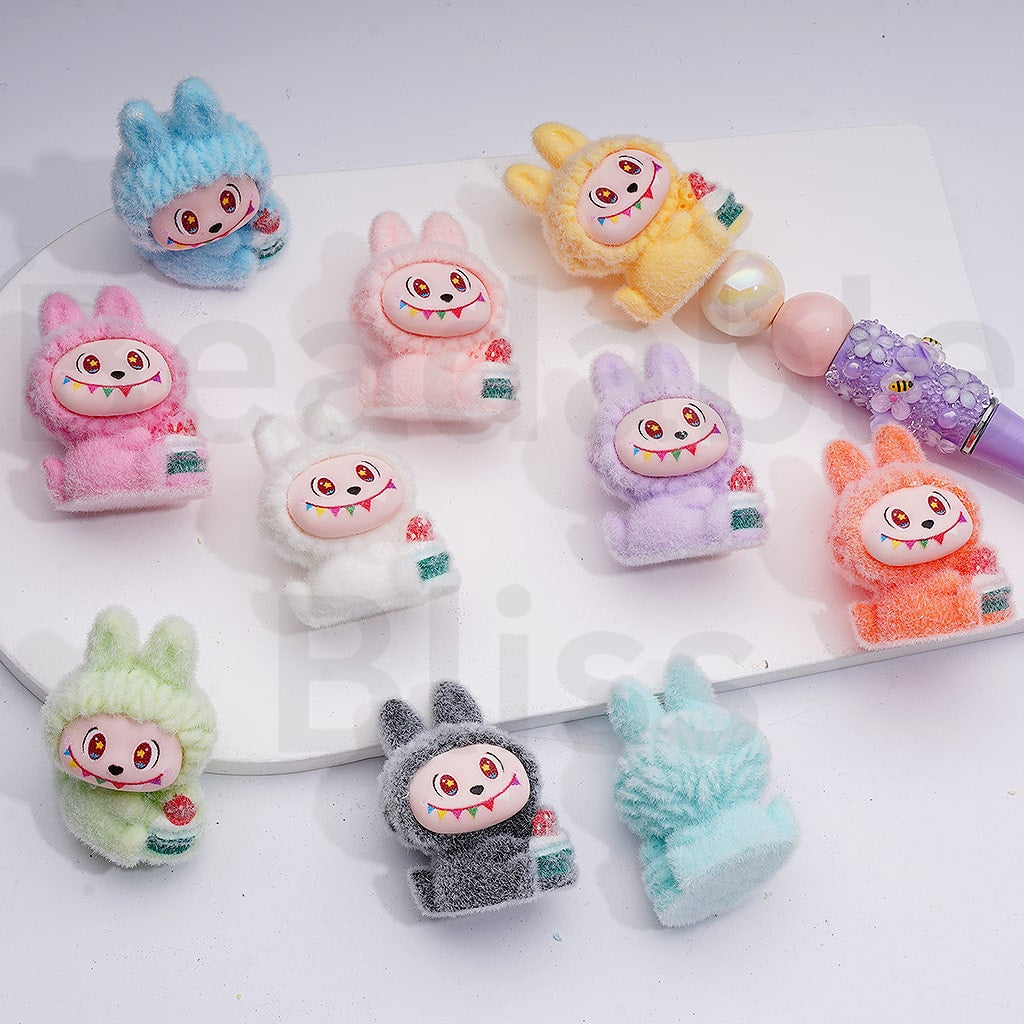 Cute Flocked Labub Holds Flower Pot Pendants Pen Topper Acrylic Beads Jewelry Accessories, 39*28MM, Random Mix