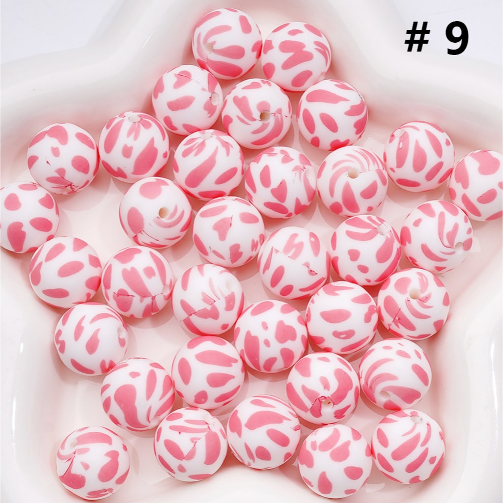 Multi- Color Cow Prints Silicone Beads 15MM, Number Z-00276