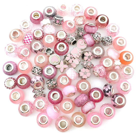 Pink Beads, Mix of Metal and Acrylic Beads with Big Hole, 80Pcs