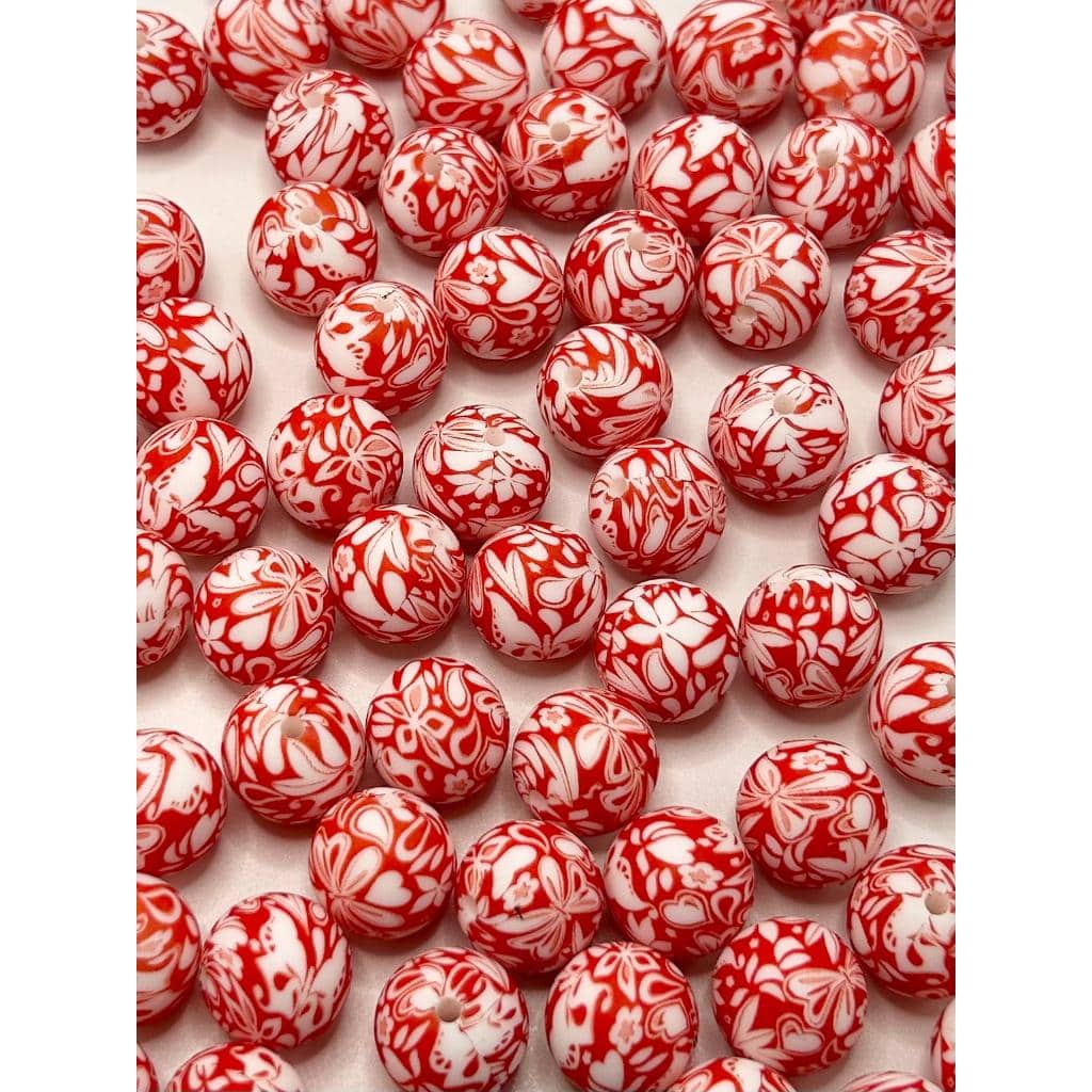 Red and White Beads, Printed Silicone Beads with Abstract Flower Heart Butterly Patterns, 15mm