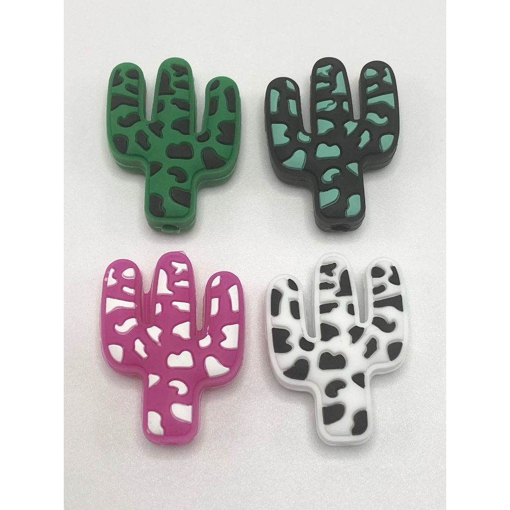 Printed Cactus Silicone Focal Beads, Random Mix Color (Ship out in Around 4-6 Days after Ordering)