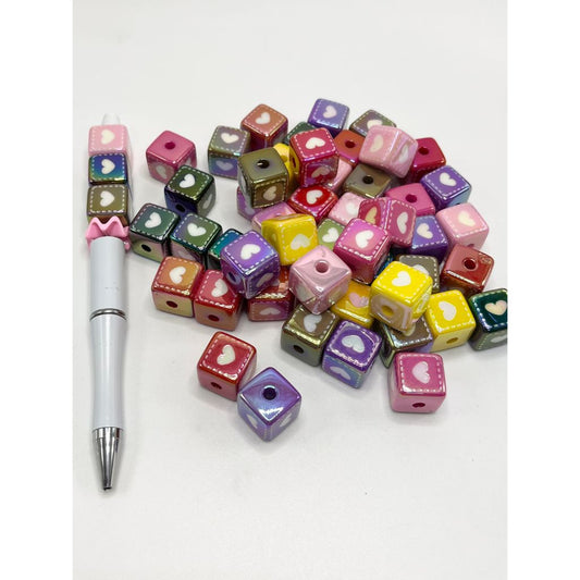 ハート&ストライプのキューブアクリルビーズ、15mm、WQ