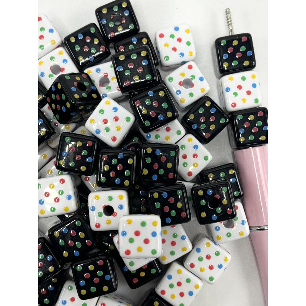 White & Black Square Cubes Acrylic Beads with Colorful Spot Spots, 14mm, SB