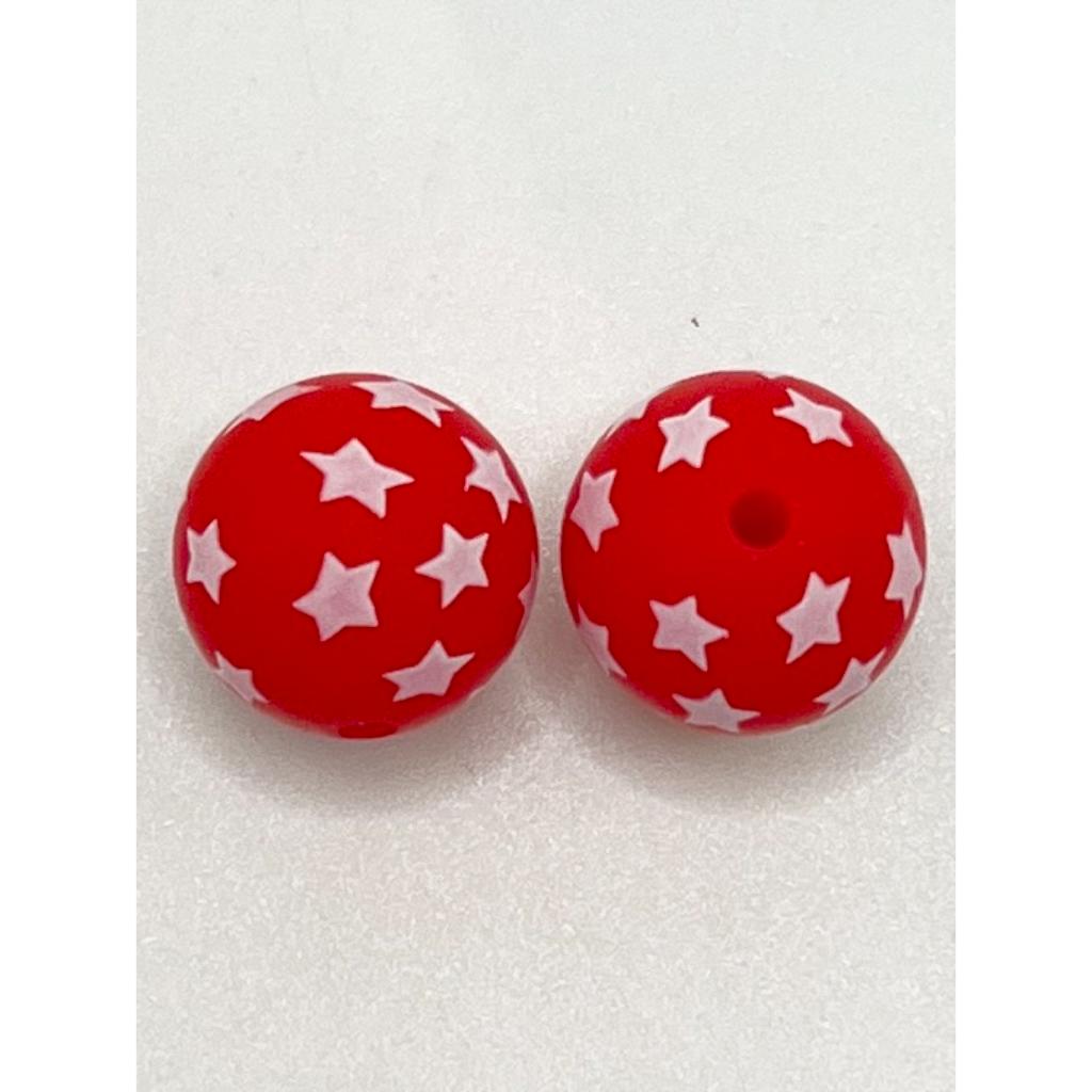 Red Beads with White Star Printed Silicone Beads, 15mm