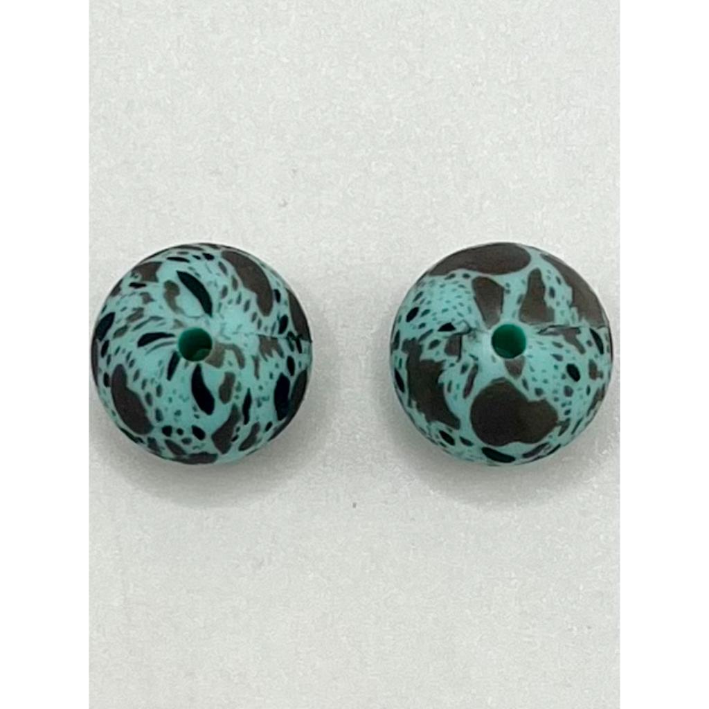 Teal Splatter Spots Printed Silicone Beads, 15mm