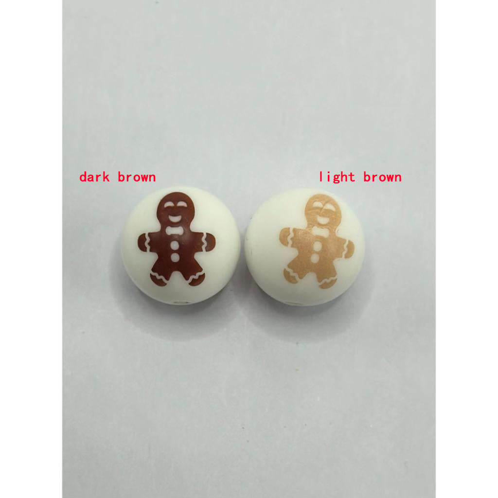 Light Brown Gingerbread Printed Silicone Beads Number 413,random mix