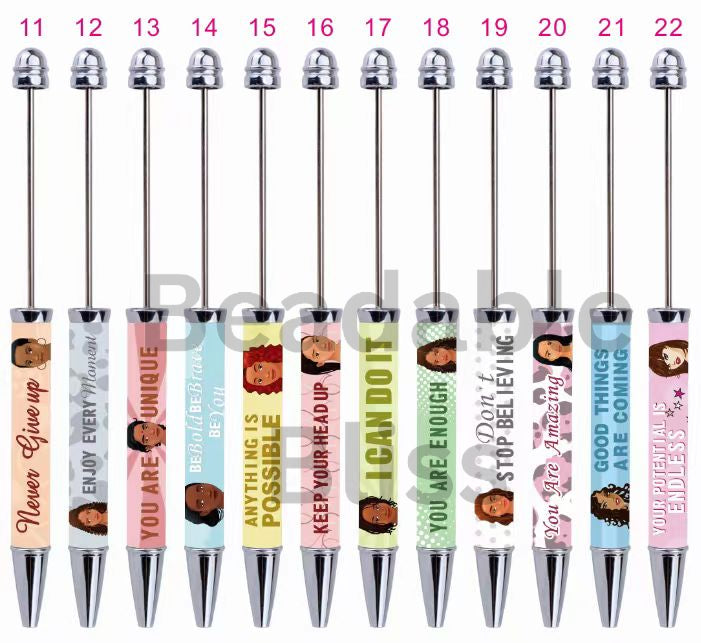 DIY Plastic Beadable Pens with Witty Sayings and Girls Prints, Random Mix