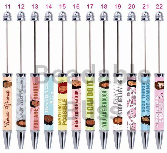 気の利いた言葉と女の子のプリントが入った DIY プラスチックビーズペン、ランダムミックス