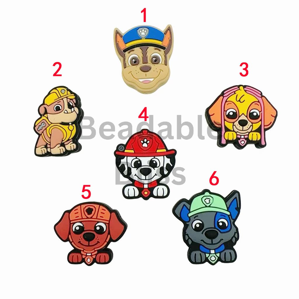 Set of six cartoon dog figurines with different colored hats on a white background.