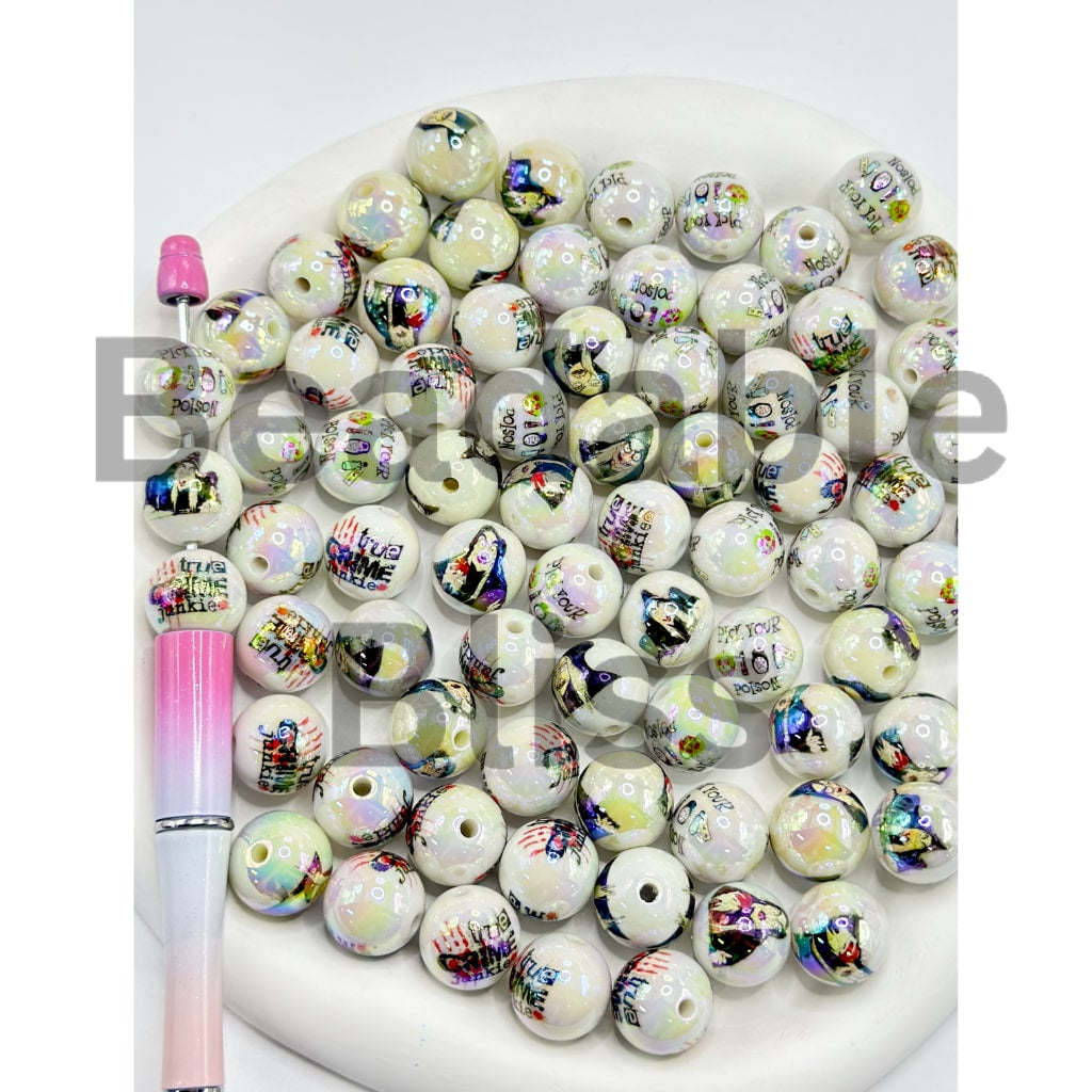 毒のプリントが施されたホワイトUVコーティングアクリルビーズ、ランダムミックス、16MM