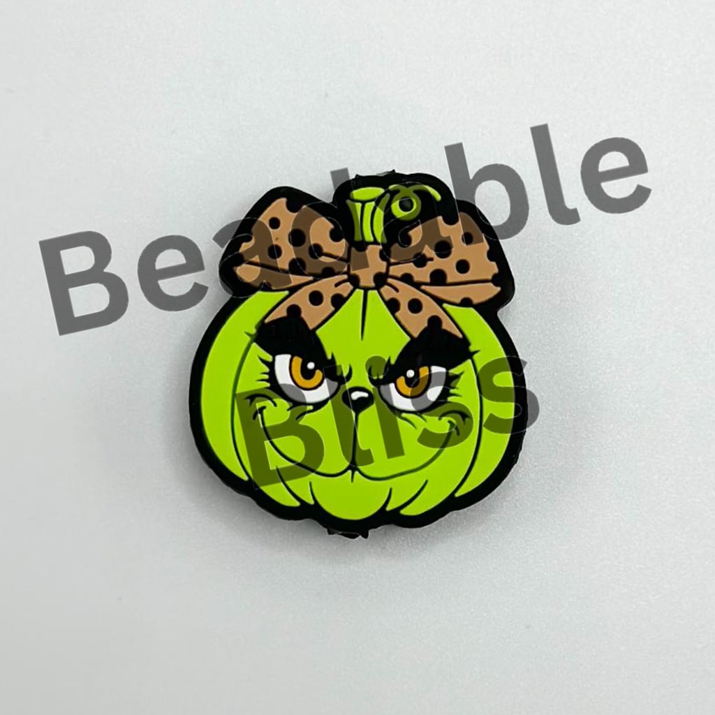Green Pumpkin Head with A Ribbon Halloween Silicone Focal Beads