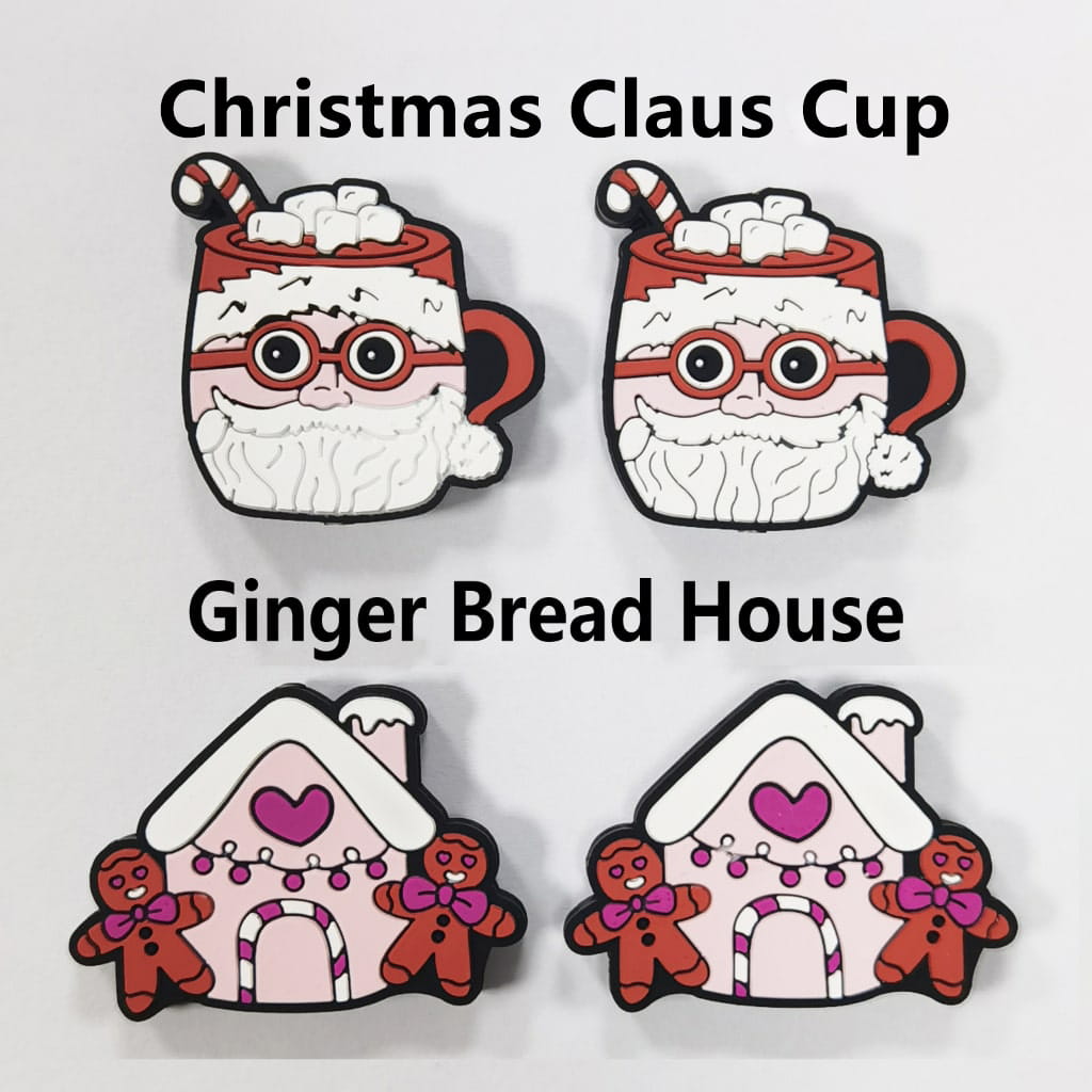 Pink Christmas Claus Cup Ginger Bread House Silicone Focal Beads