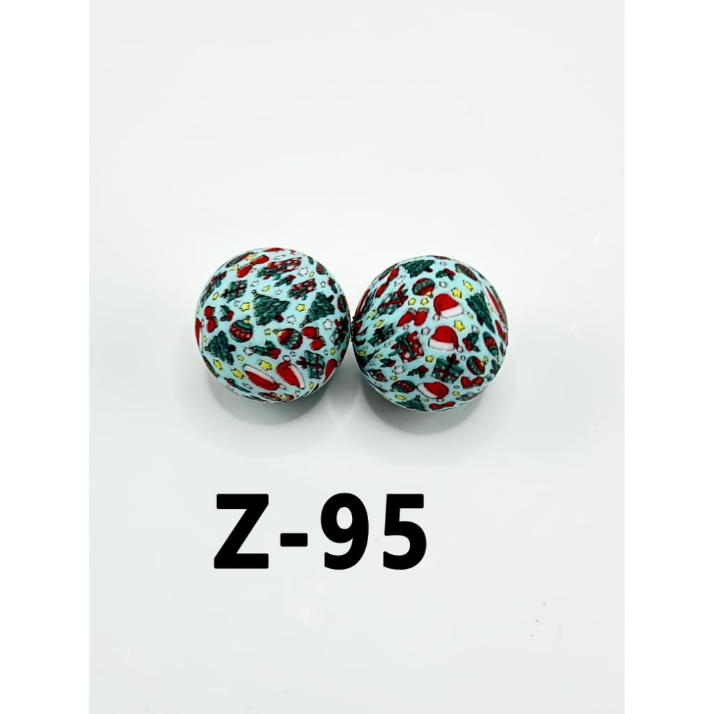メリークリスマスツリーギフトソックスハットスターラウンドプリントシリコンビーズ15mm、番号Z-95