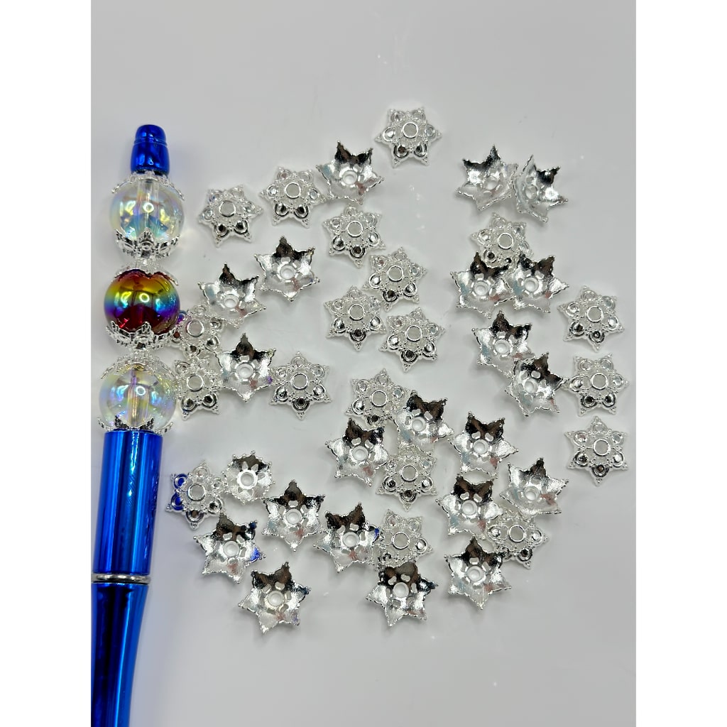 6枚の花びらの花の形、ゴールド&シルバーカラーのメタルビーズケージビーズキャップ、5×13MM