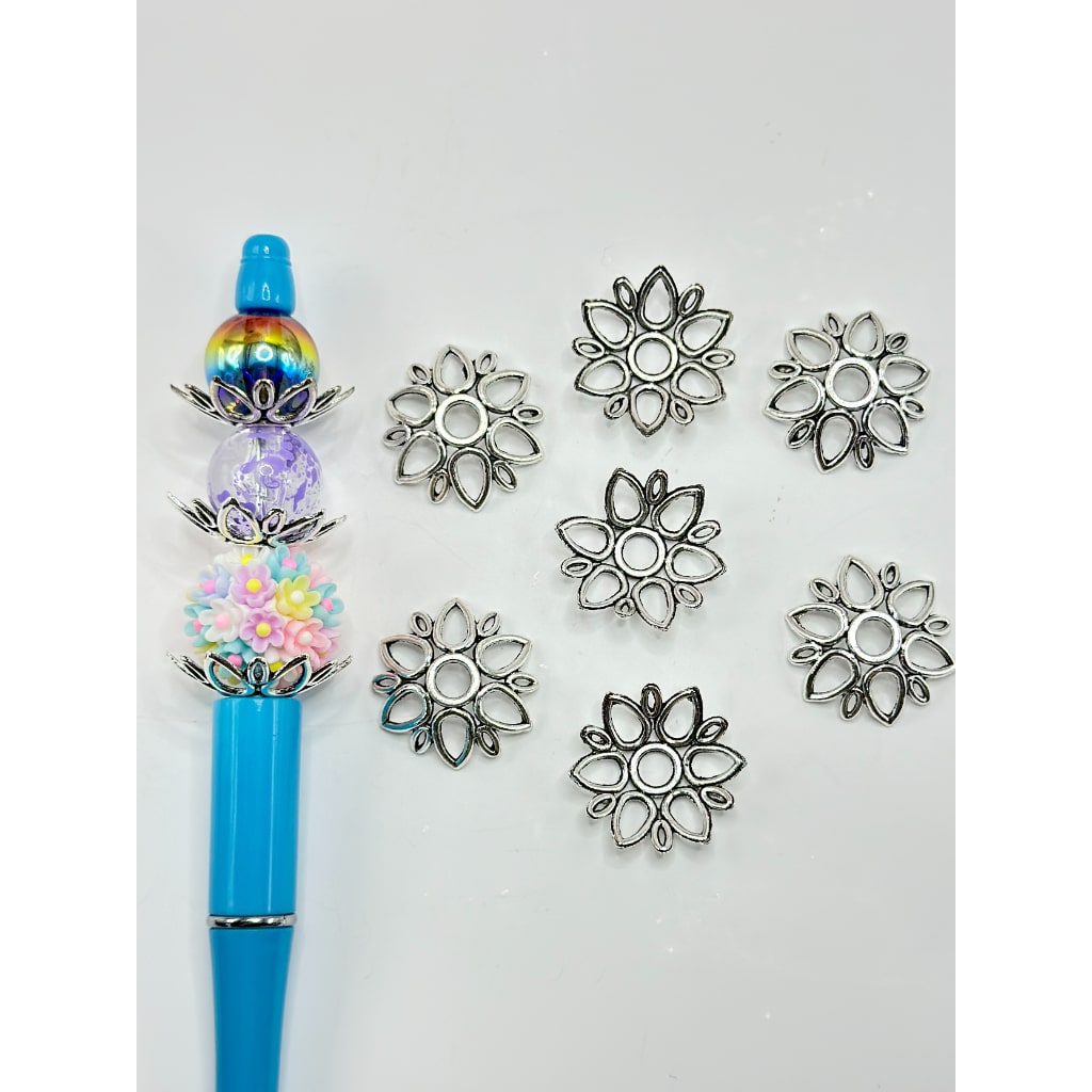 大きな6枚の花びらの花の形、シルバーカラーのメタル中空ビーズケージビーズキャップ、6*25MM