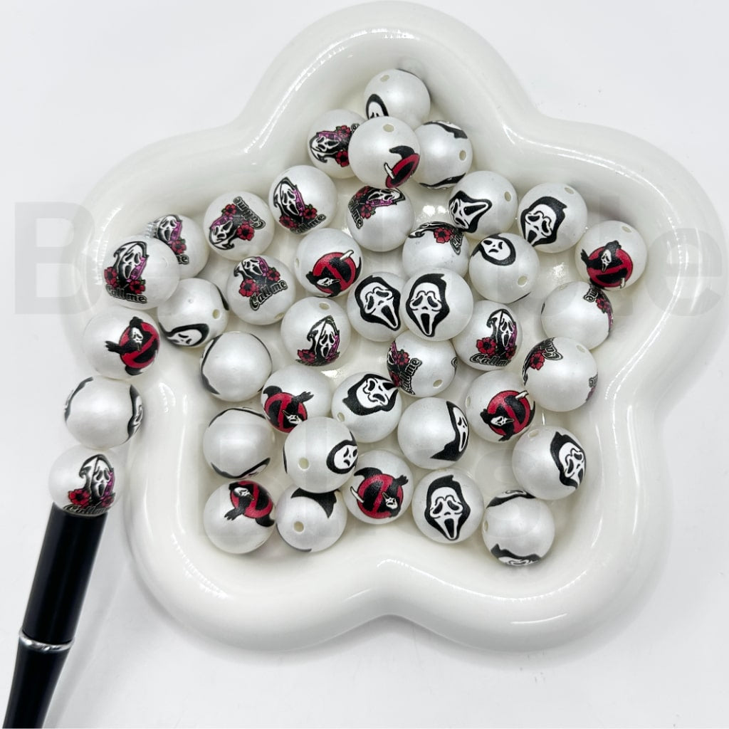 Helloween Scary Spooky Red Flower Call Me White Round Acrylic Beads, Random Mix, 16MM