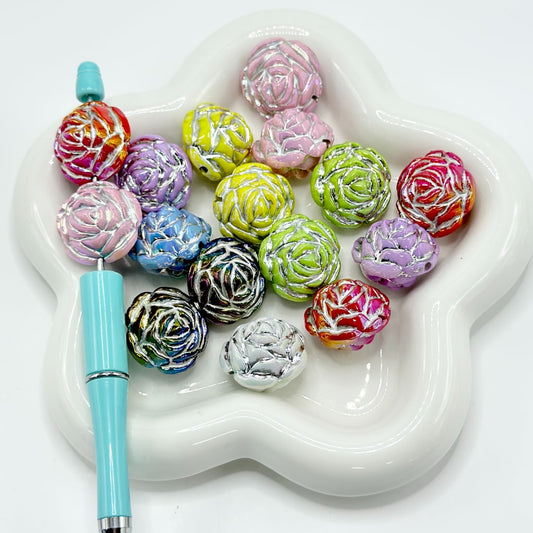 Acrylic Rose Beads, Mix of Rose Flower Shaped Acrylic Beads in Solid Colors, Size 25*21mm