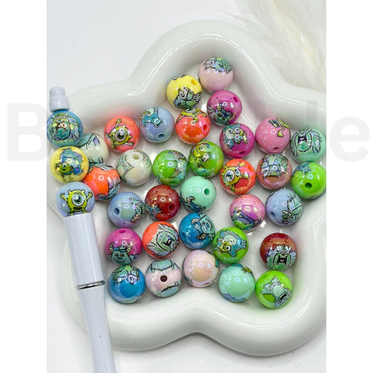 Shiny Colorful Animated Series Round Acrylic Beads, Random Mix, 16MM