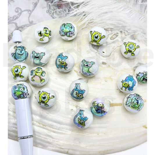 Glossy Character World Monster White Round Acrylic Beads, Random Mix, 16MM