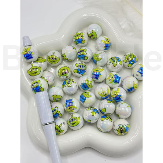 UV Finish Green Alien Toy Friends White Round Acrylic Beads, Random Mix, 16MM