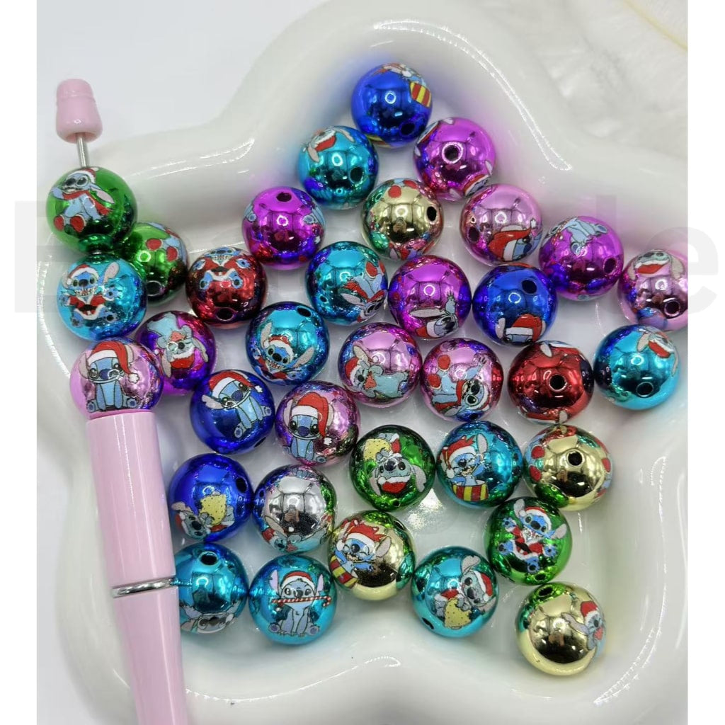 Shiny Glossy Colorful Ohana Pal with Red Christmas Hat Round Acrylic Beads, Random Mix, 16MM