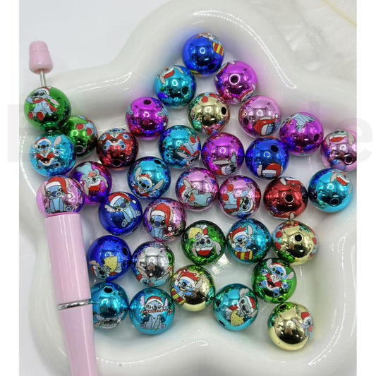 Shiny Glossy Colorful Ohana Pal with Red Christmas Hat Round Acrylic Beads, Random Mix, 16MM