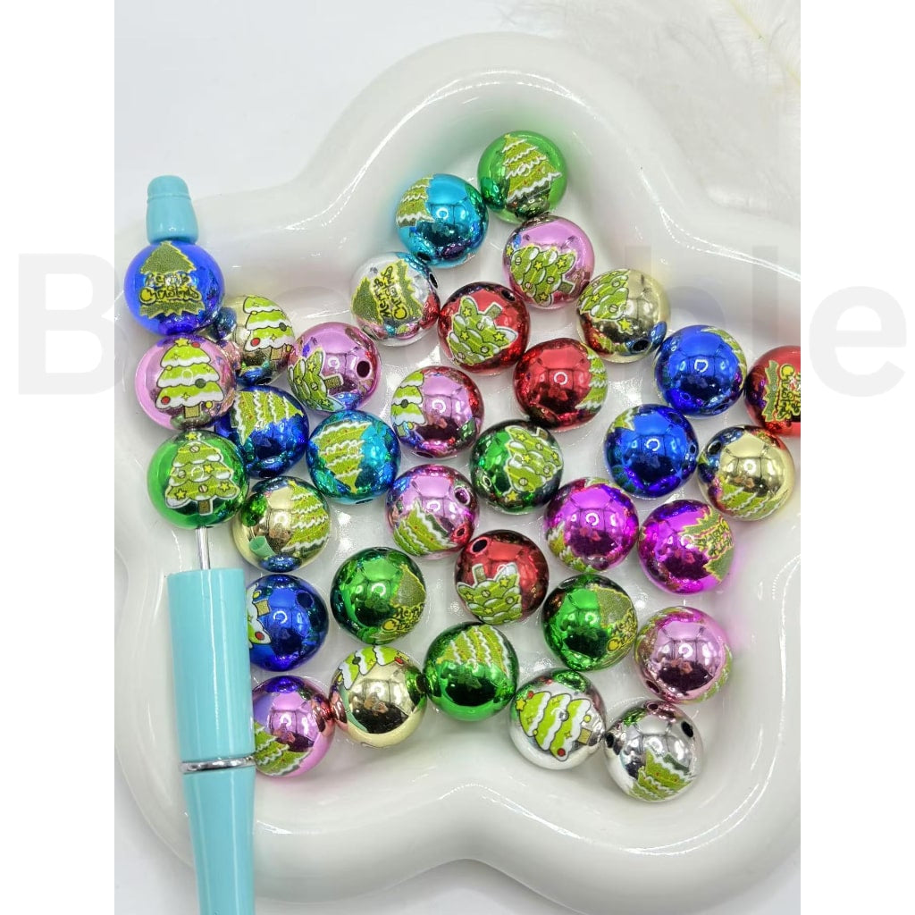 Shiny Glossy Colorful Christmas Tree with Star Bell Ornaments Round Acrylic Beads, Random Mix, 16MM