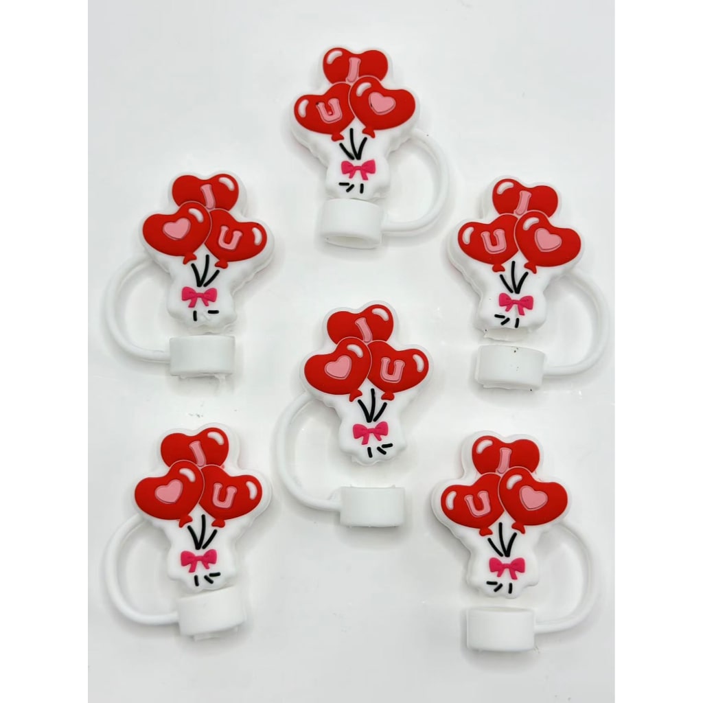 Red Heart Balloons Bowtie I Love You Valentine's Day Food Grade Cup Tumbler Silicone Straw Topper