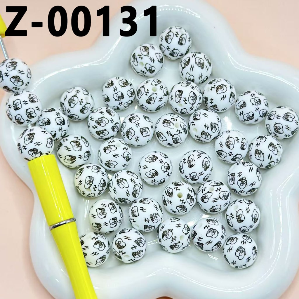 医師・看護師・ハート聴診器・心電計・病院用丸型プリントシリコンビーズ 15mm、番号Z-00131