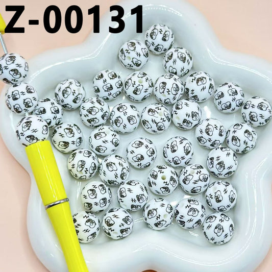 医師・看護師・ハート聴診器・心電計・病院用丸型プリントシリコンビーズ 15mm、番号Z-00131