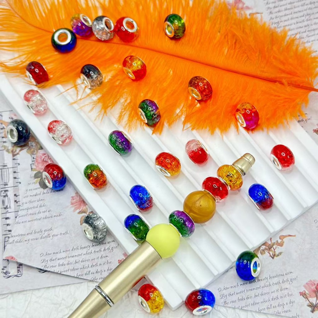 オンブレレインボーカラー半透明ブロークンインサイドホイールアバカスアクリルビーズ、大きな穴付き、ランダムミックス、14MM