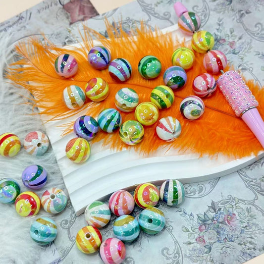 UV仕上げ 光沢のあるマルチカラーストライプ ラウンドアクリルビーズ ランダムミックス 16mm