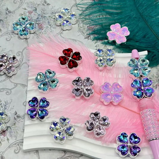 Bling Bling Silver Alloy Four Leaf Clover Accessory with Shiny Heart Rhinestones, Random Mix, 24*22*10MM