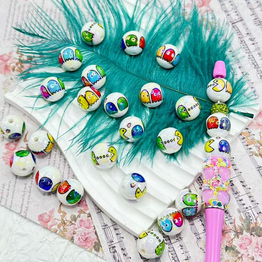 UV仕上げ かわいいおばけたち ホワイト ラウンドアクリルビーズ ランダムミックス 16mm