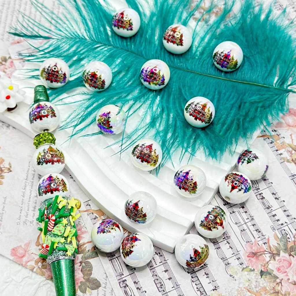 UV仕上げ マルチカラー クリスマスツリー ホワイト ラウンド アクリルビーズ 16mm