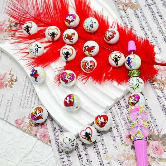 UV仕上げ キューピッド女神の愛のハート ホワイト ラウンド アクリルビーズ ランダムミックス 16mm