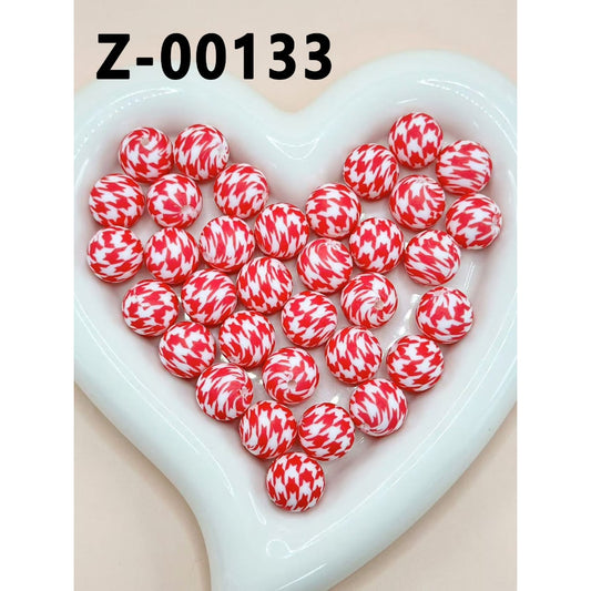 Abstract Red Geometry Designs White Round Printed Silicone Beads 15mm, Number Z-00133