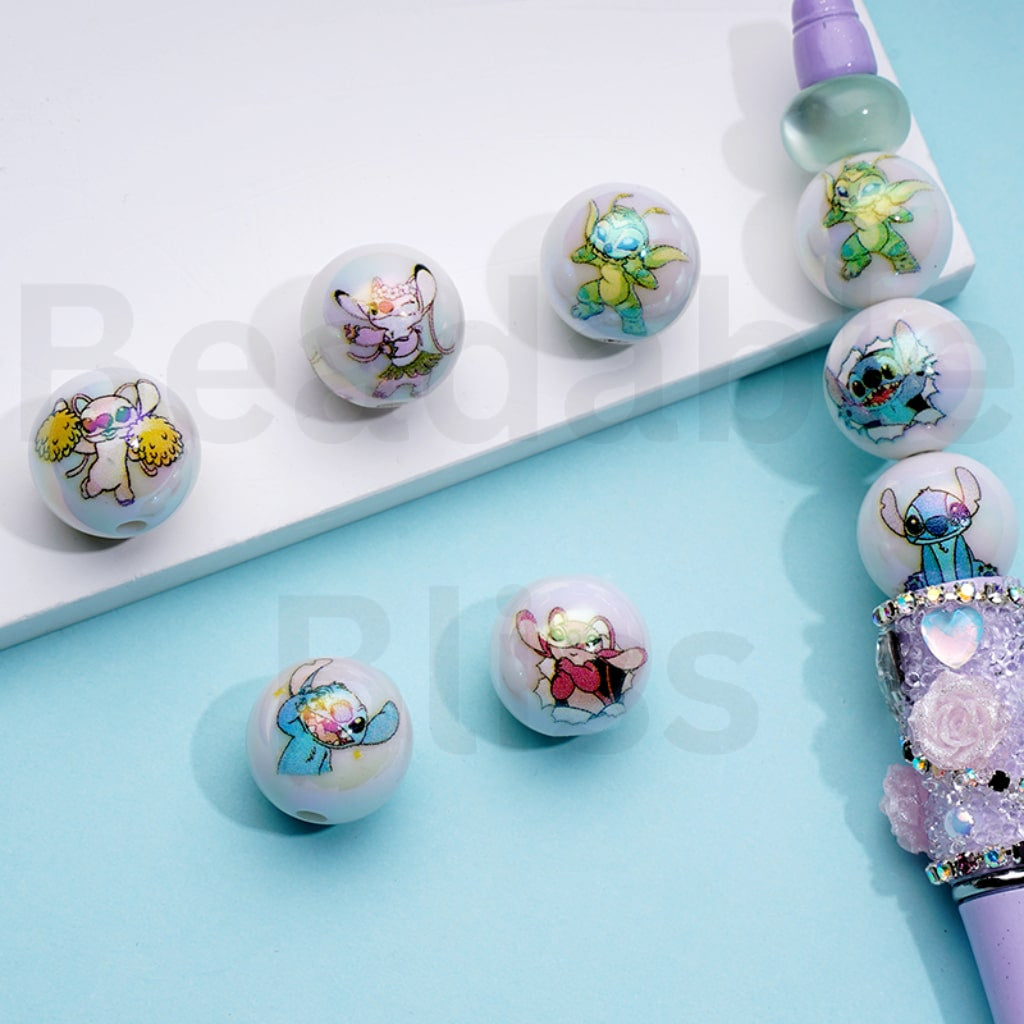 UV Coating Cute Trouble Tot Charmville Cartoon White Round Acrylic Beads, 16MM, Random Mix