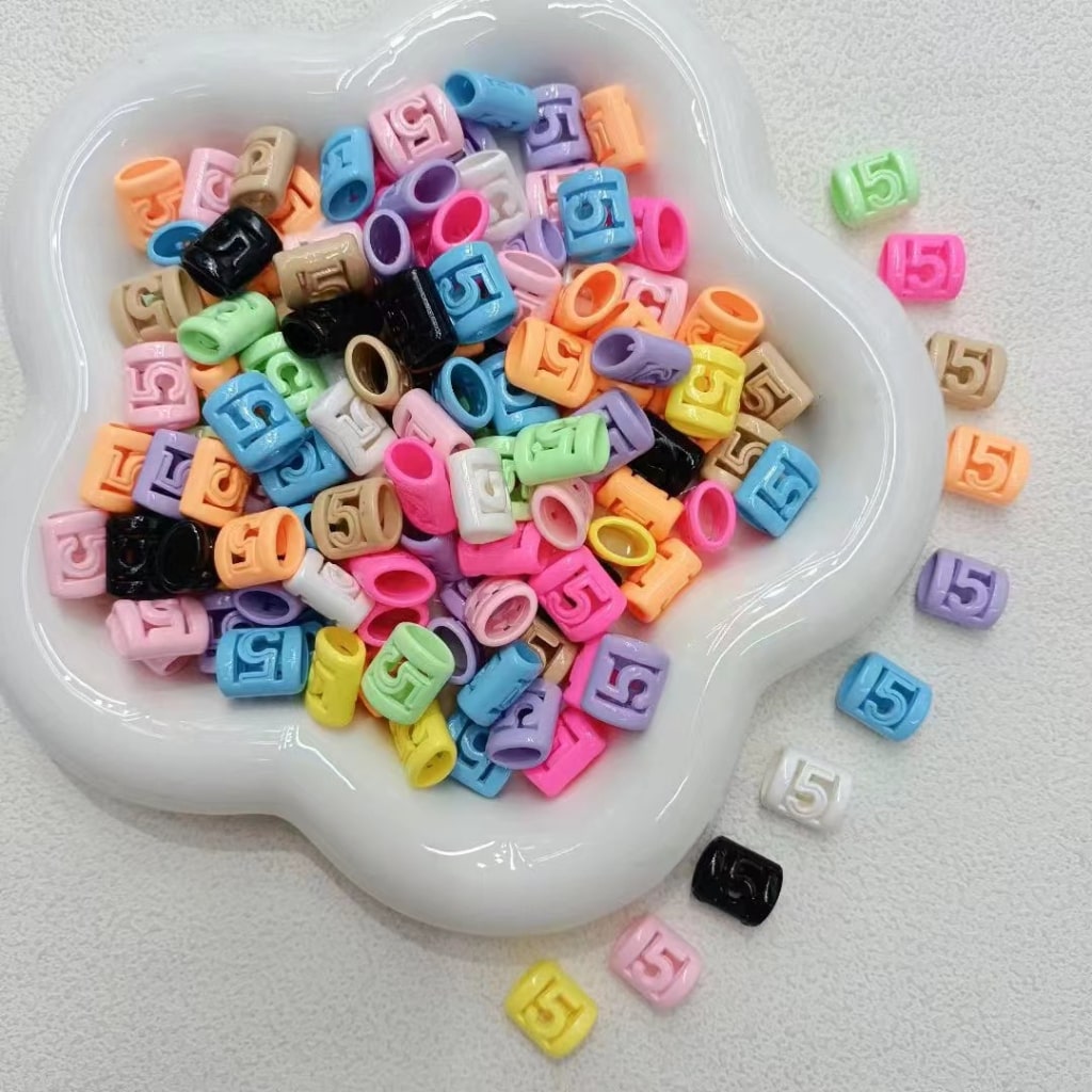 Solid Color Arabic Numerals Digits Five 5 with Large Oval Hole Hollow Acrylic Beads, Around 14*16MM, Random Mix