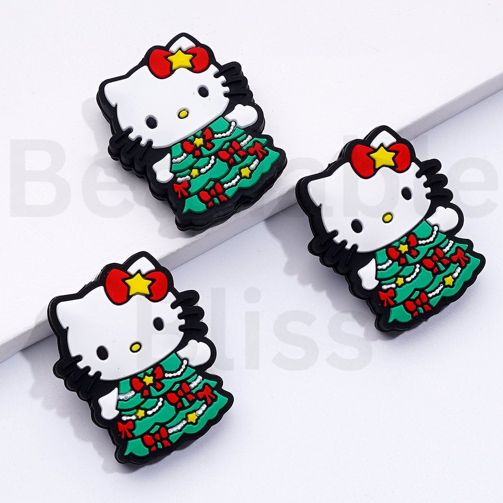 Little Cute HK Kitten Sanri with Green Christmas Tree Design Dress Red Bowtie Silicone Focal Beads