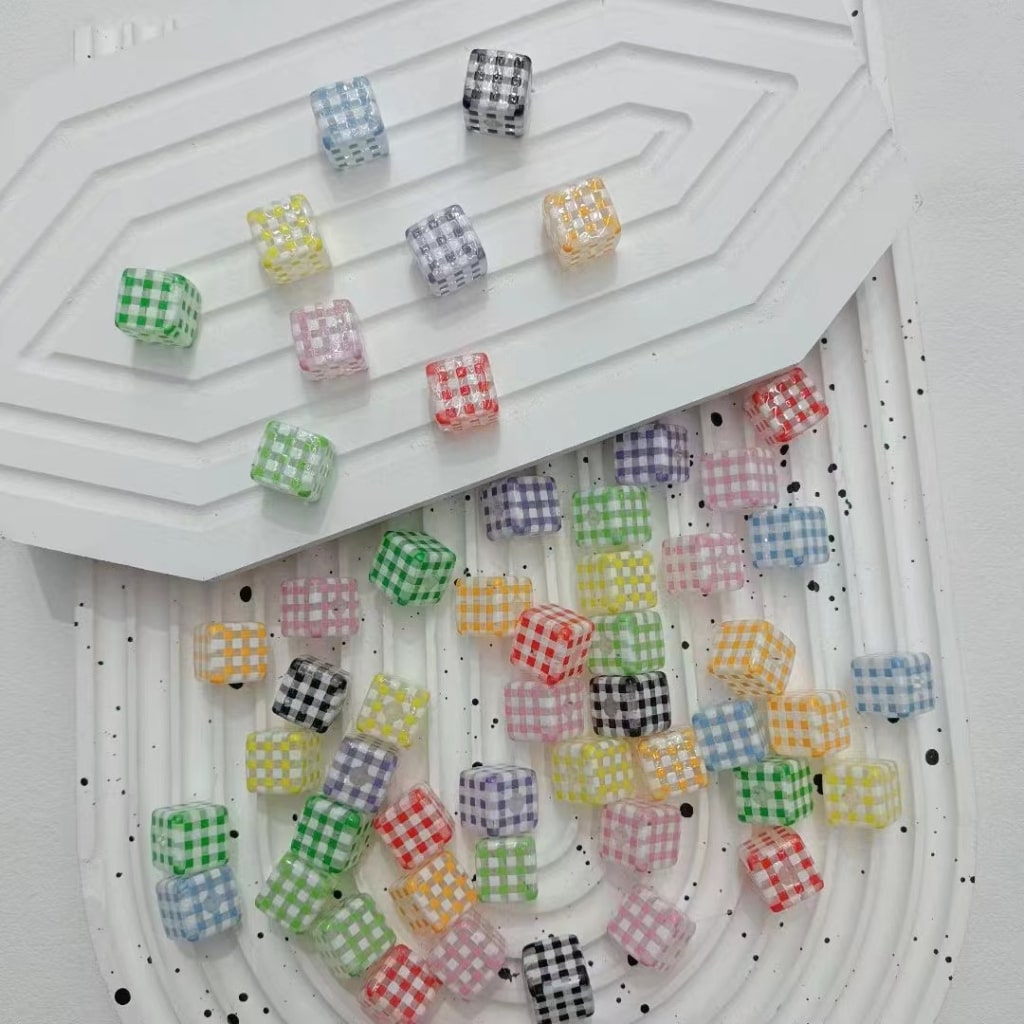 Macaron Color Checkered Clear Cube Square Acrylic Beads, Around 14MM