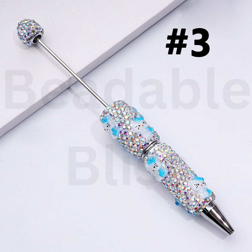 Beadable Clay Pens with Cute HK Kitten with Bows Mini AB Rhinestones Covered the Entire Pen