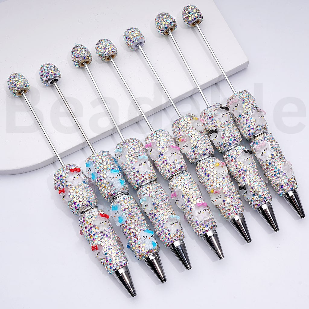 Beadable Clay Pens with Cute HK Kitten with Bows Mini AB Rhinestones Covered the Entire Pen