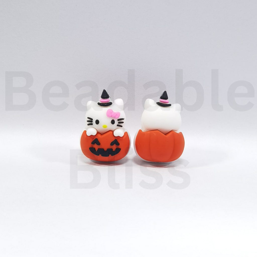 3D Cute HK Kitten with Magic Hat Sits in a Ghost Pumpkin Halloween Silicone Focal Beads