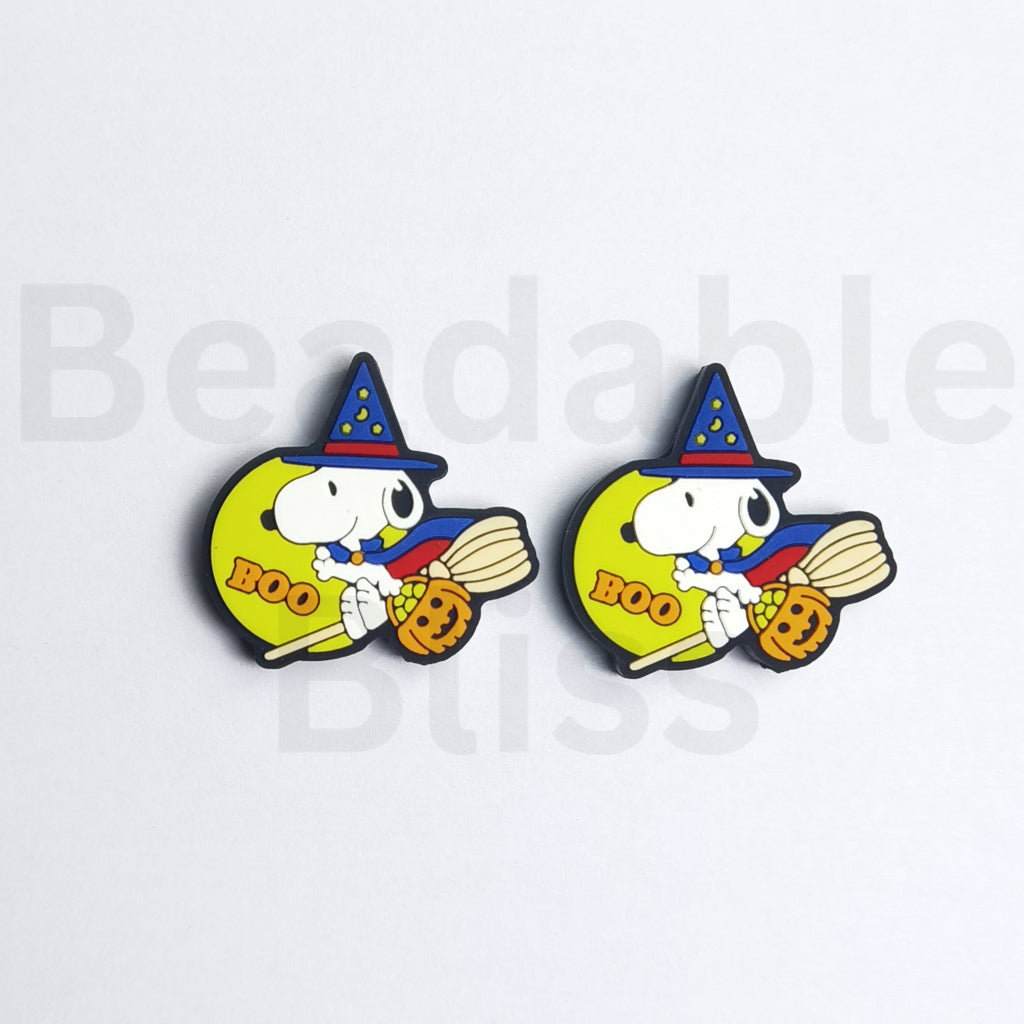 Luminous Cute Snoop Flies on the Broom with Magic Hat Holds a Pumpkin Basket Boo Halloween Silicone Focal Beads