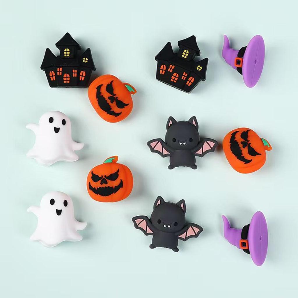 3D Cute Halloween Series Ghost Pumpkin Haunted House Bat Wizard Hat Silicone Focal Beads