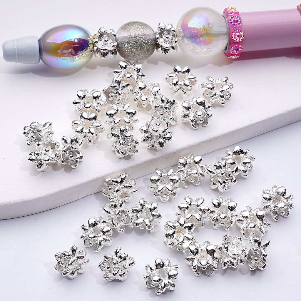 Mini Cute Fancy Silver Alloy Flower Beads, Around 8MM