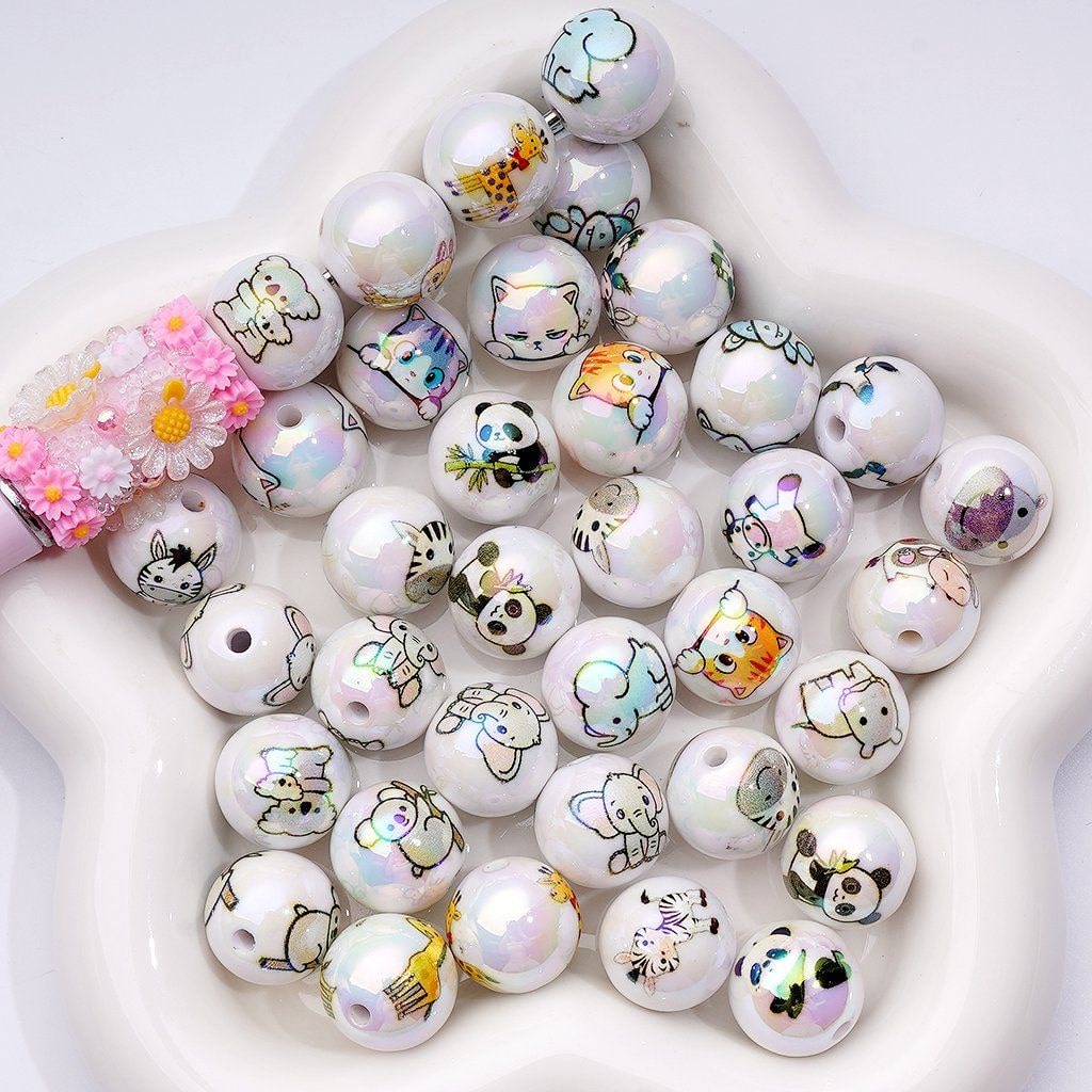 UV Coating Cute Animals Panda Giraffe Zebra Cat Hippo Cow Elephant Koala Acrylic Beads, 16MM, Random Mix