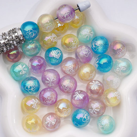Cute Shiny Glitter Hell Kitt Bowknots Love Prints Sugar Core Inside Round Acrylic Beads, 16MM, Random Mix